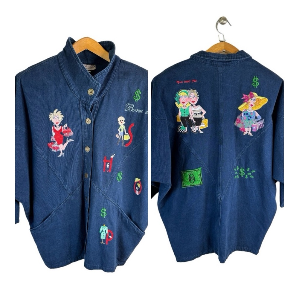 Vintage 80s Born To Shop Embroidered Denim Blazer Colorful Cartoons Size Large